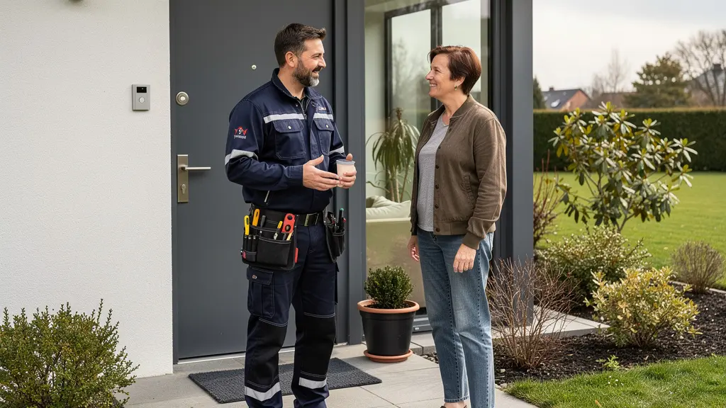 Électricien en discussion avec un propriétaire devant l'entrée d'une maison à Lyon lors de la visite technique