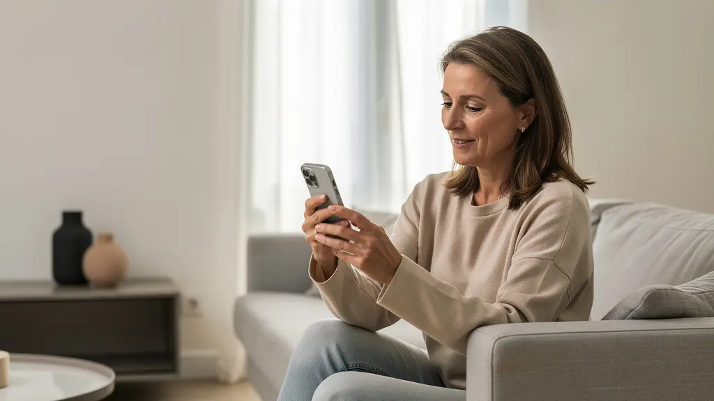 Propriétaire utilisant son smartphone pour piloter l'éclairage domotique de son salon à Lyon